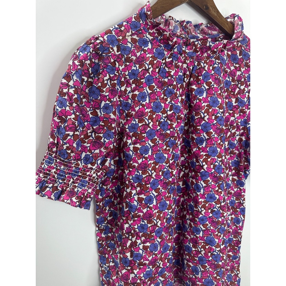 J.Crew Smocked 100% Linen Puff-Sleeve Top in Berry Floral High Neck Blouse XS - Picture 3 of 12